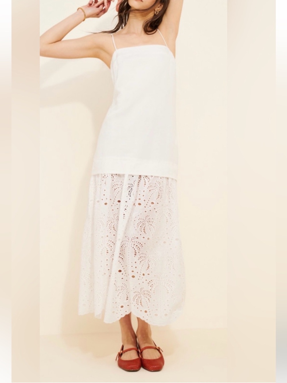 NWT Mon Renn Agua Anglaise White Layered Maxi Dress with Eyelet Contrast READ